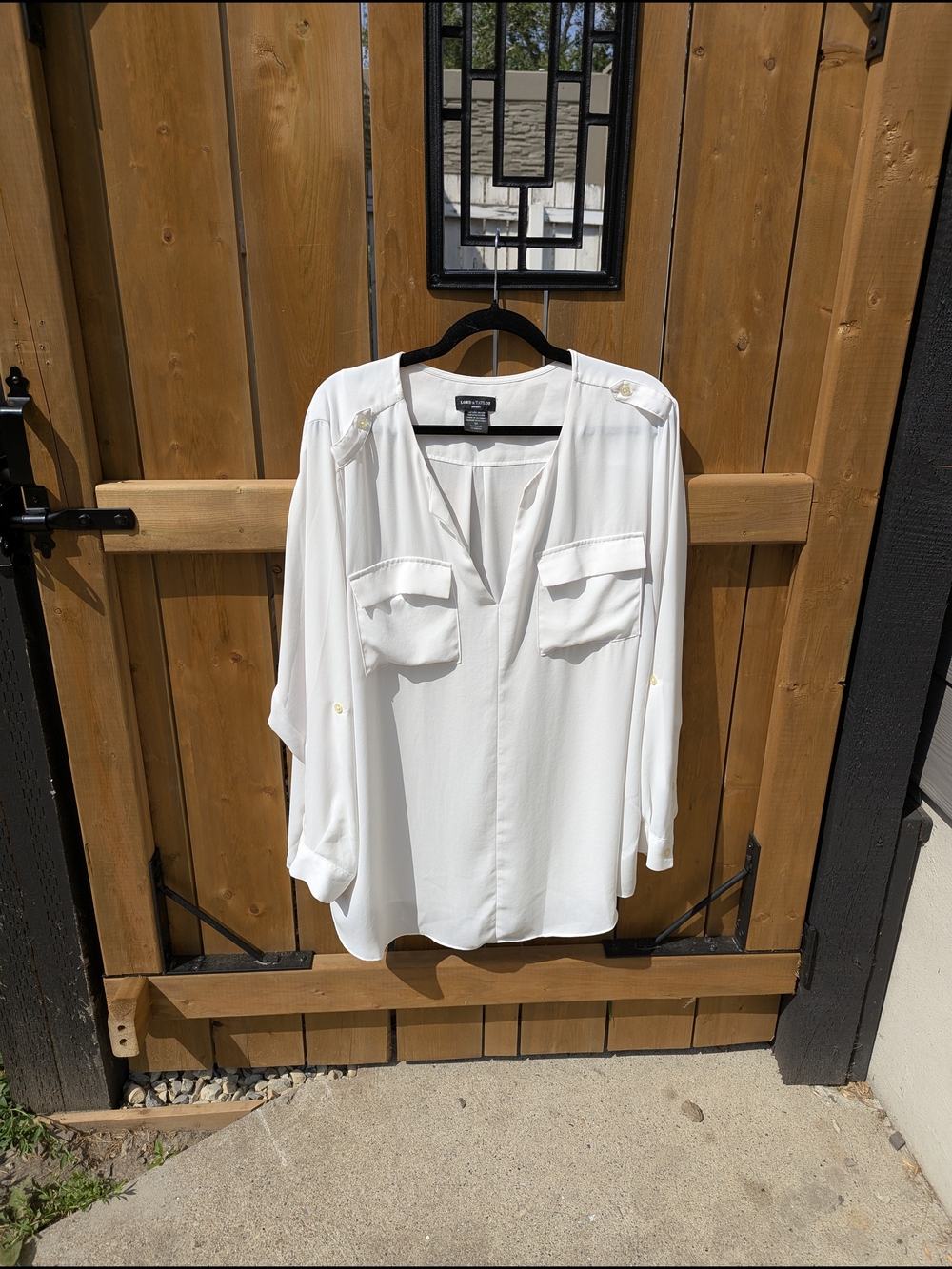 Plus Sized Split Neck Utility Blouse Roll Sleeve Minimalist Office Siren Blouse - Picture 7 of 17